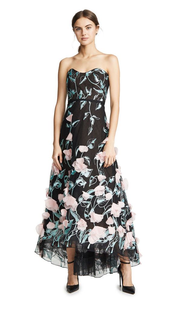 Marchesa Notte Strapless High Low Embroidered Gown with 3D Flowers