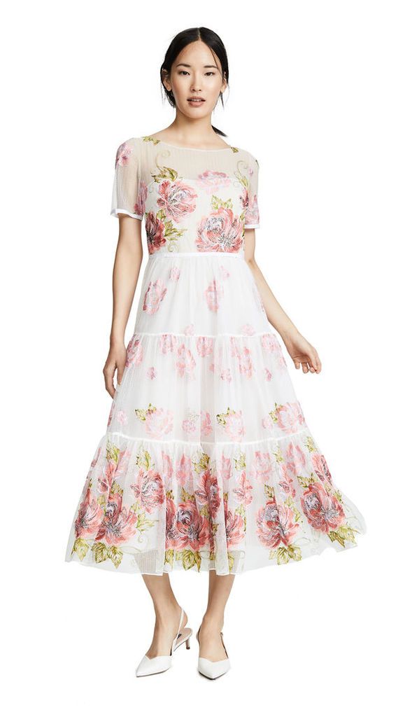 Marchesa Notte Floral Embroidered Tea Length Gown