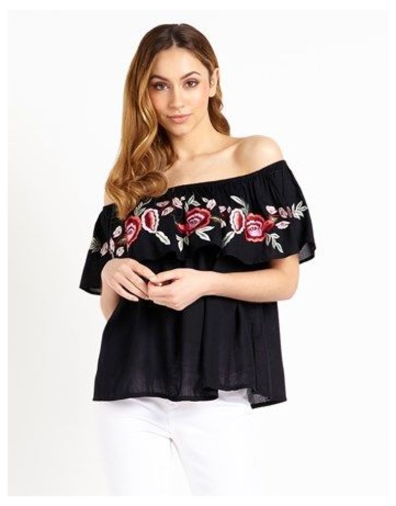 Boohoo Frill Embroidered Off The Shoulder Top