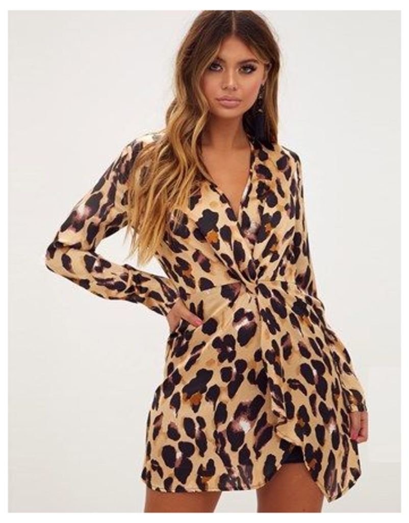 Prettylittlething Leopard Print Satin Long Sleeve Wrap Dress
