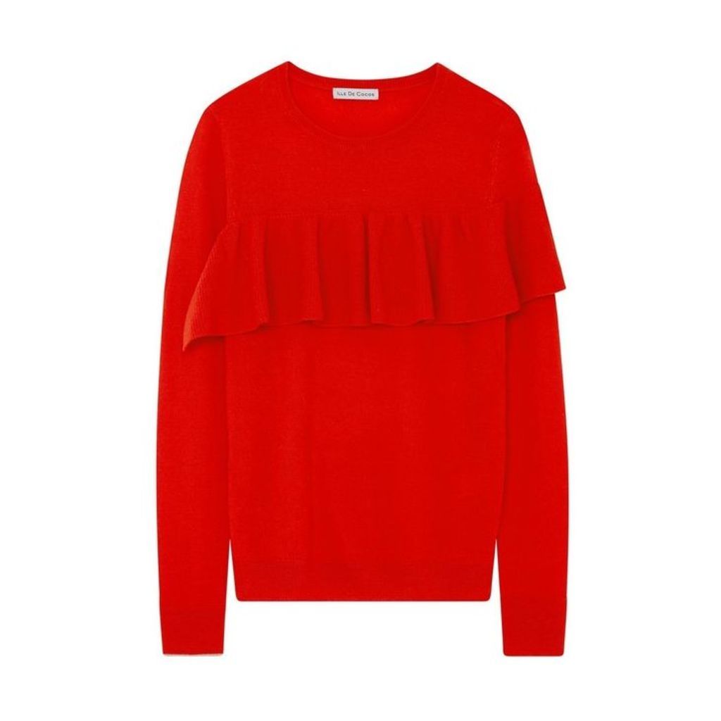 Ille De Cocos Merino Ruffle Sweater - Tomato Red- Gold