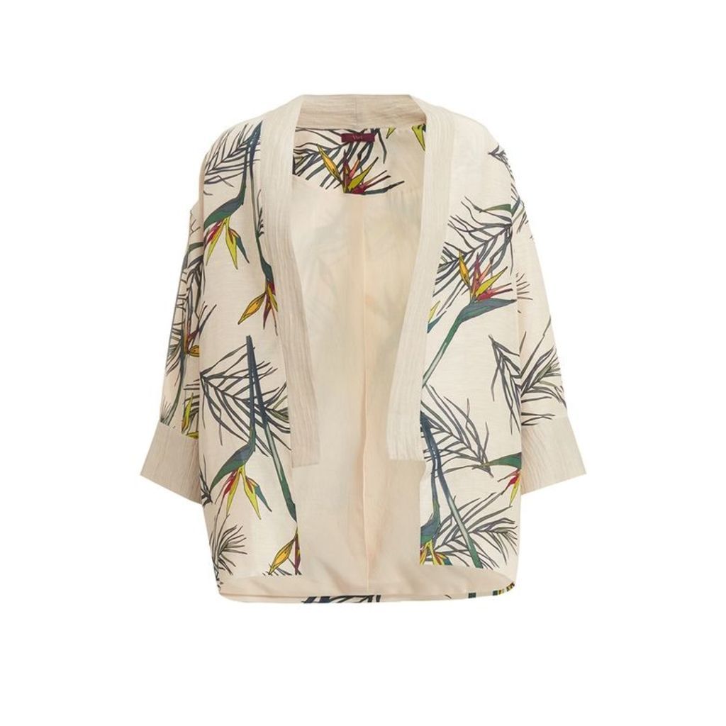 WtR Cardo Cream Linen Tropical Print Kimono Jacket