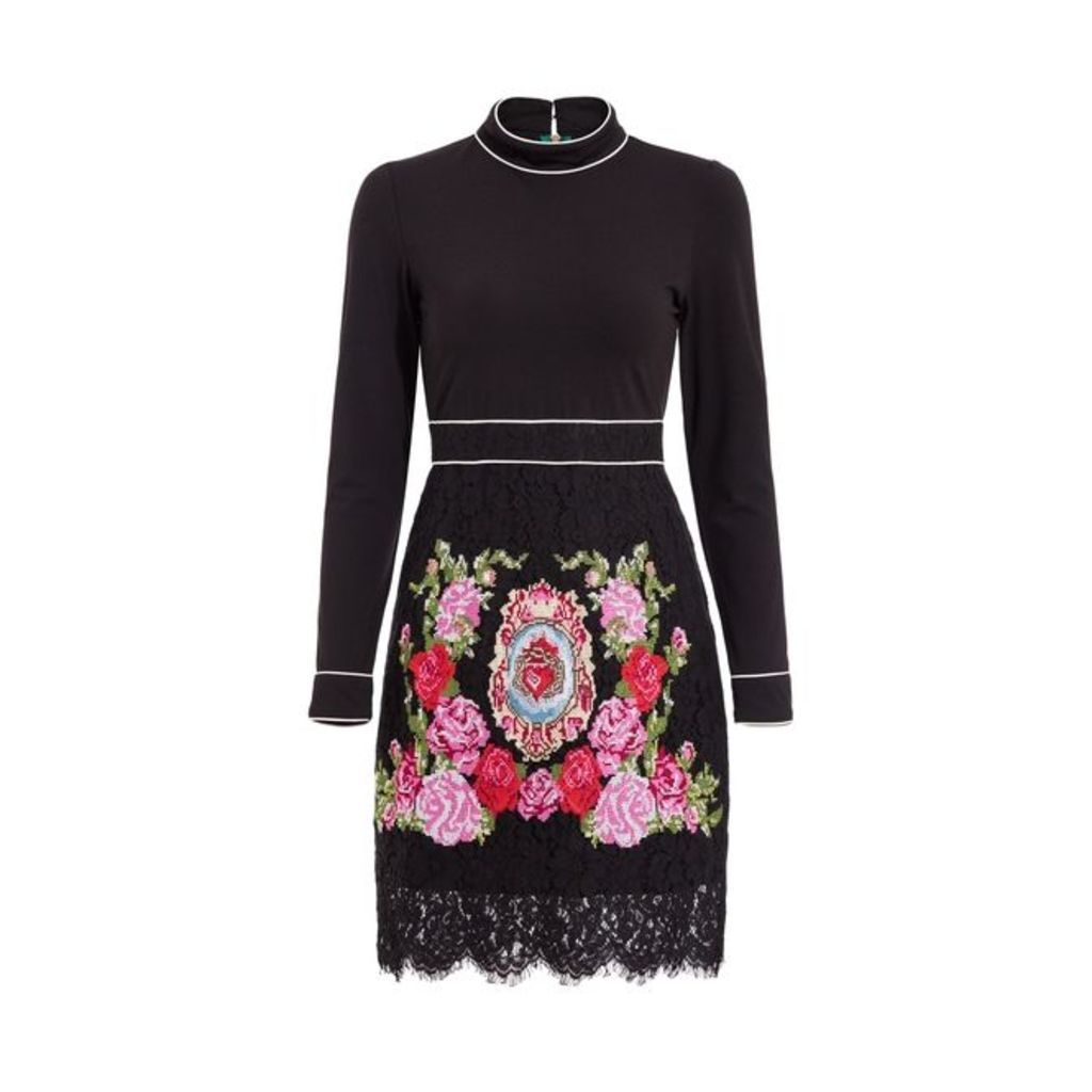 Comino Couture Black High Neck Embroidered Dress