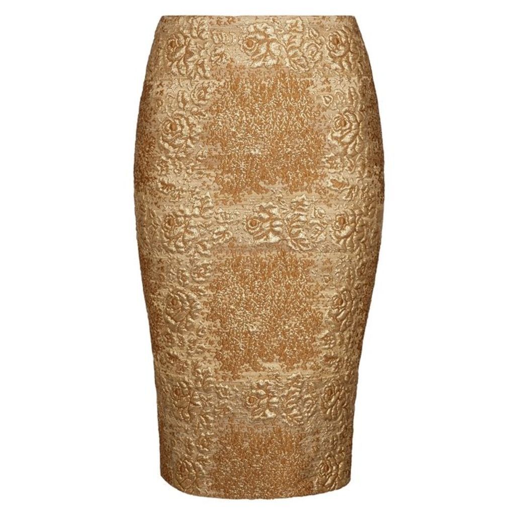 Valentino Gold Floral-brocade Pencil Skirt