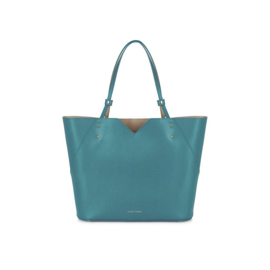 Stacy Chan London Veronica Tote In Teal Saffiano Leather