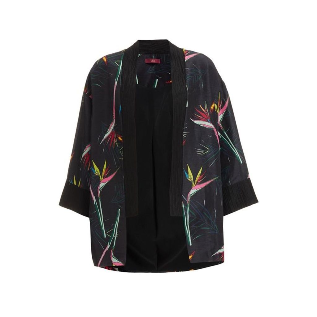 WtR Cardo Black Linen Tropical Print Kimono Jacket