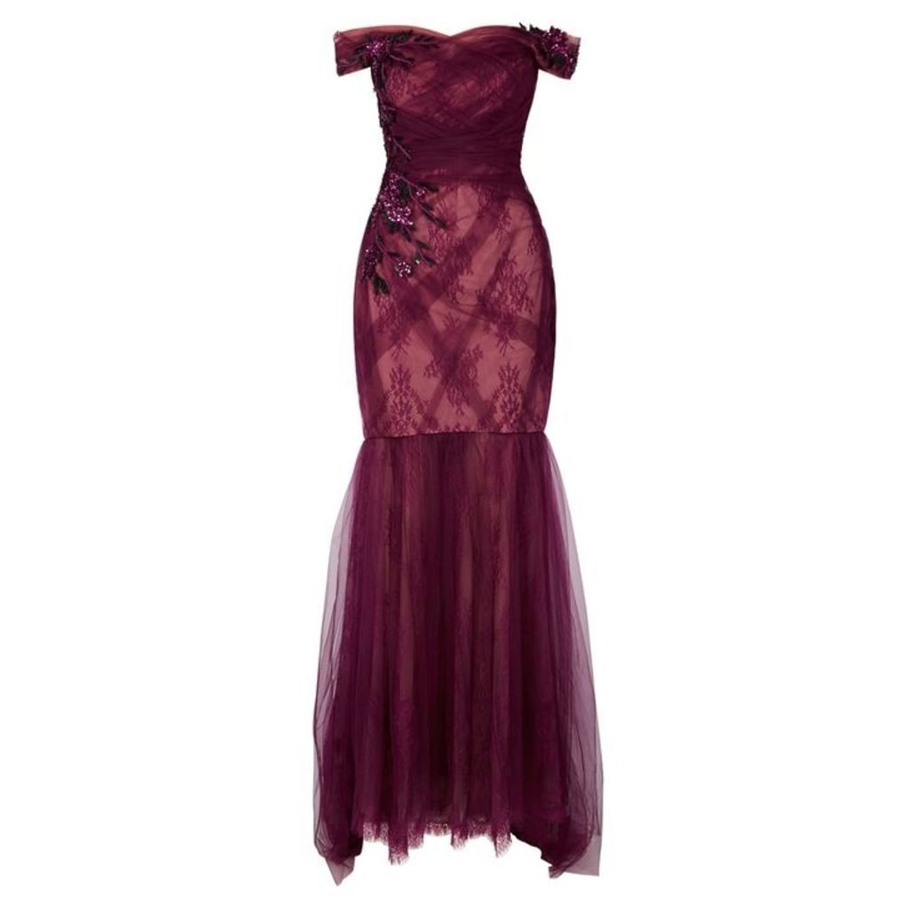 Pamella Roland Burgundy Embellished Lace And Tulle Gown