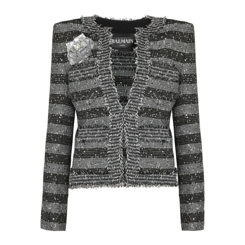 Balmain Striped Sequin-embellished Tweed Blazer