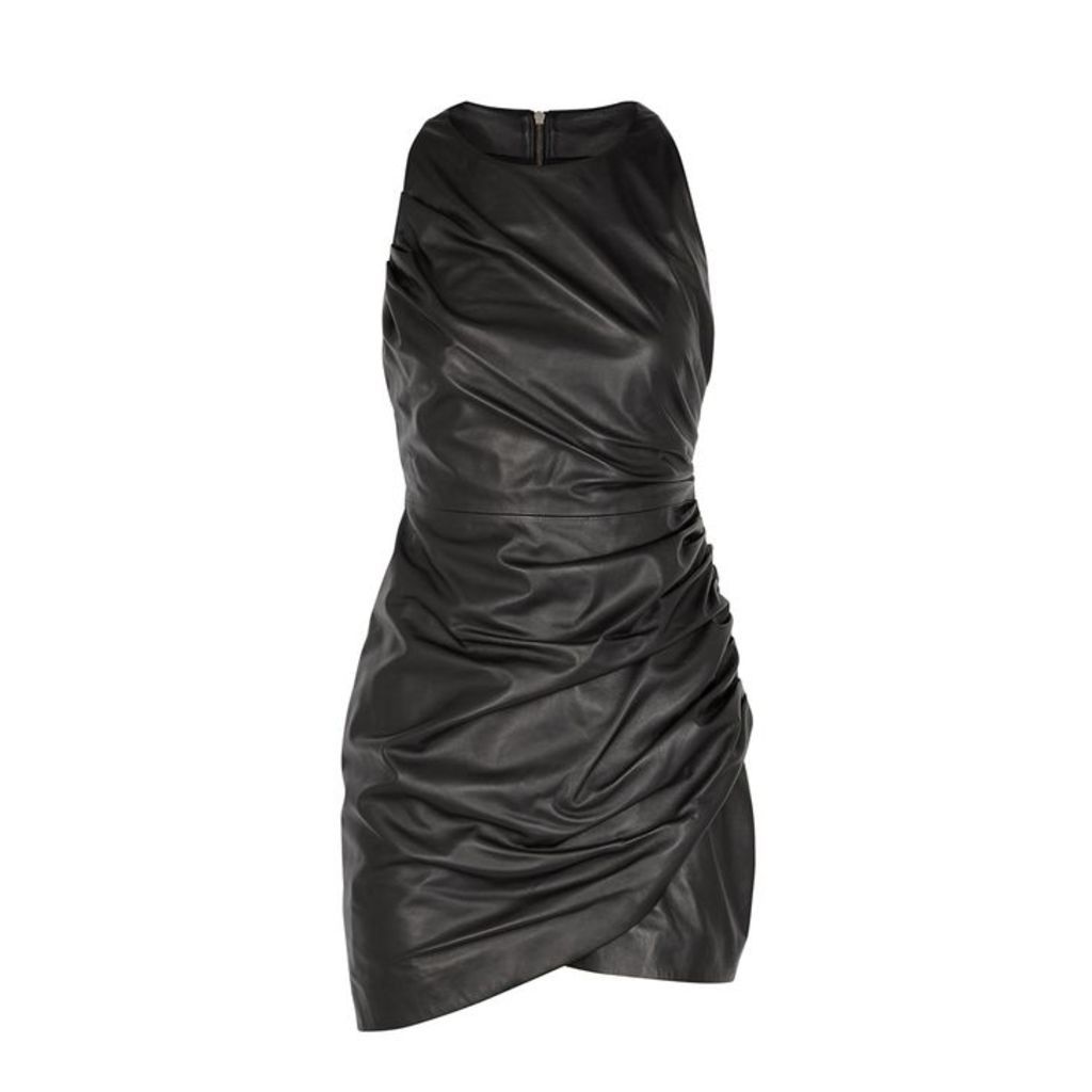 VERSACE Black Ruched Leather Mini Dress