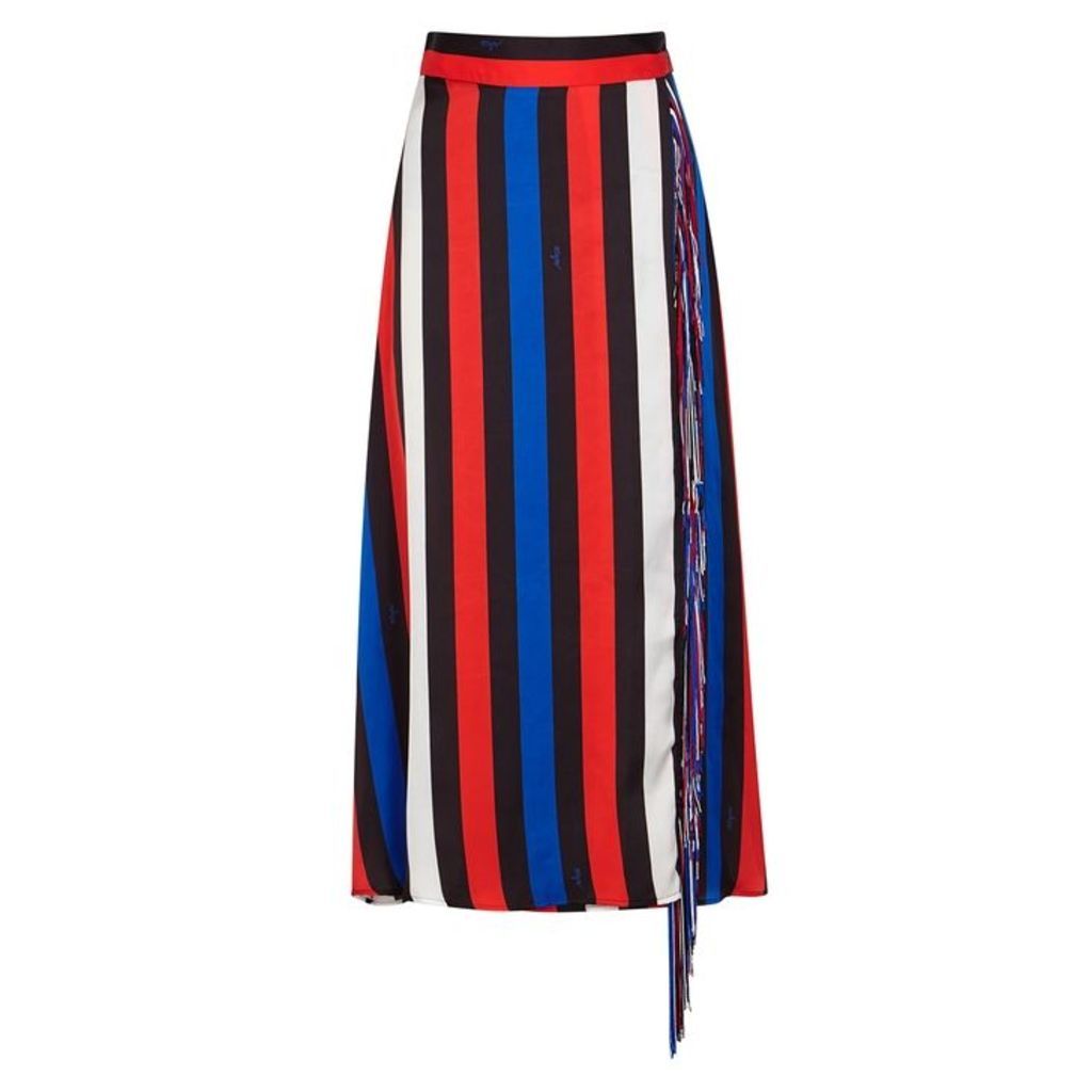 MSGM Striped Fringe-trimmed Satin Midi Skirt
