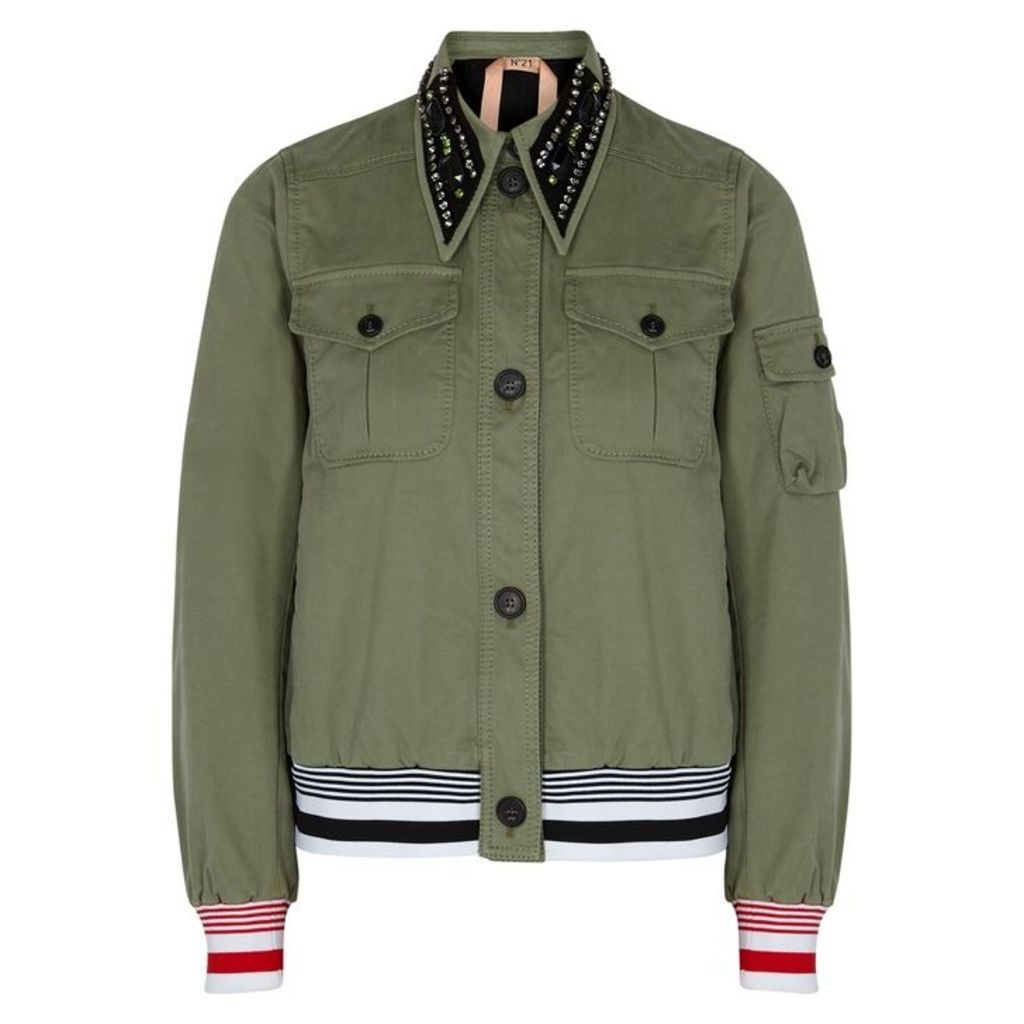 No.21 Army Green Crystal-embellished Twill Jacket