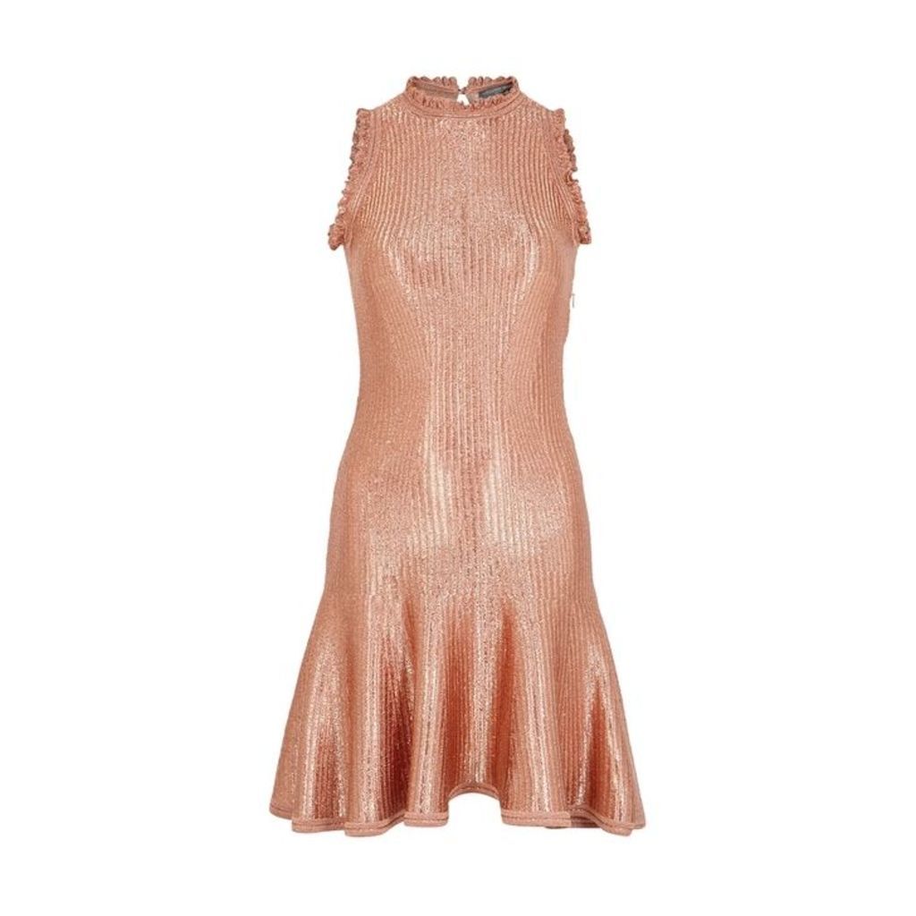 Alexander McQueen Rose Gold Metallic-knit Mini Dress
