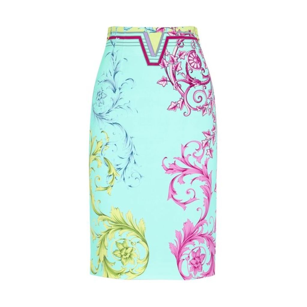 Versace Collection Bright Blue Baroque-print Pencil Skirt