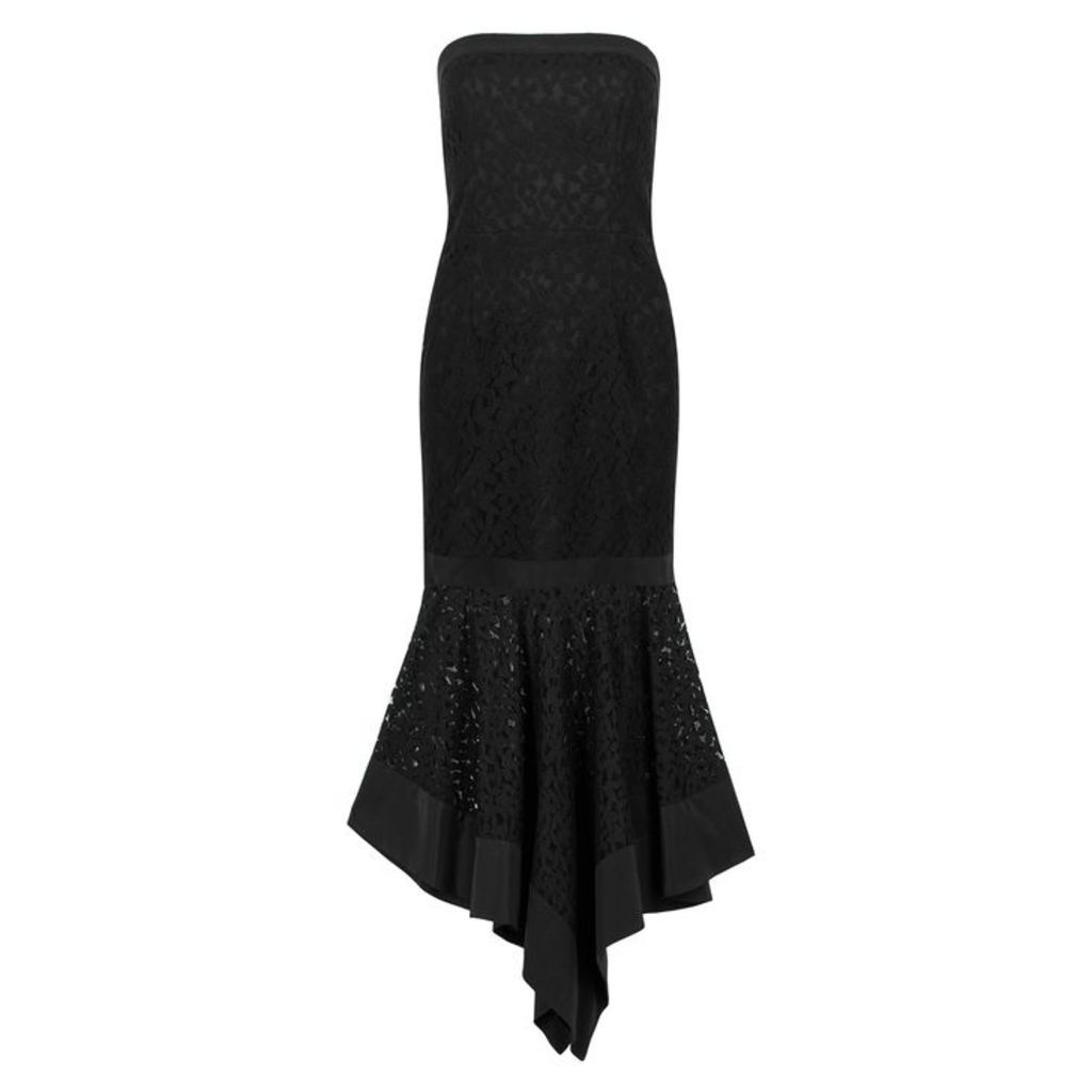 MILLY Black Silk-trimmed Lace Midi Dress