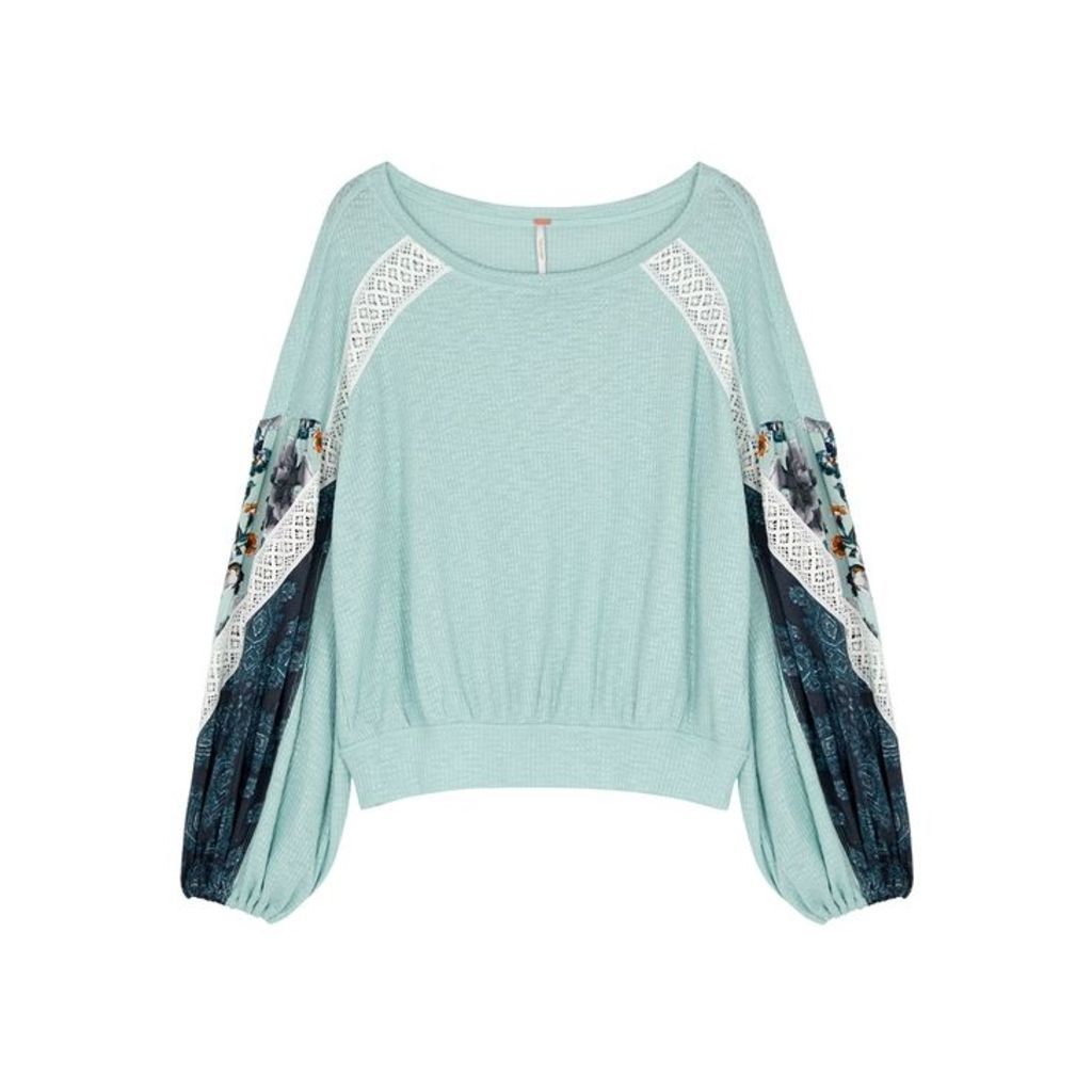 Free People Blue Lace-trimmed Fine-knit Top