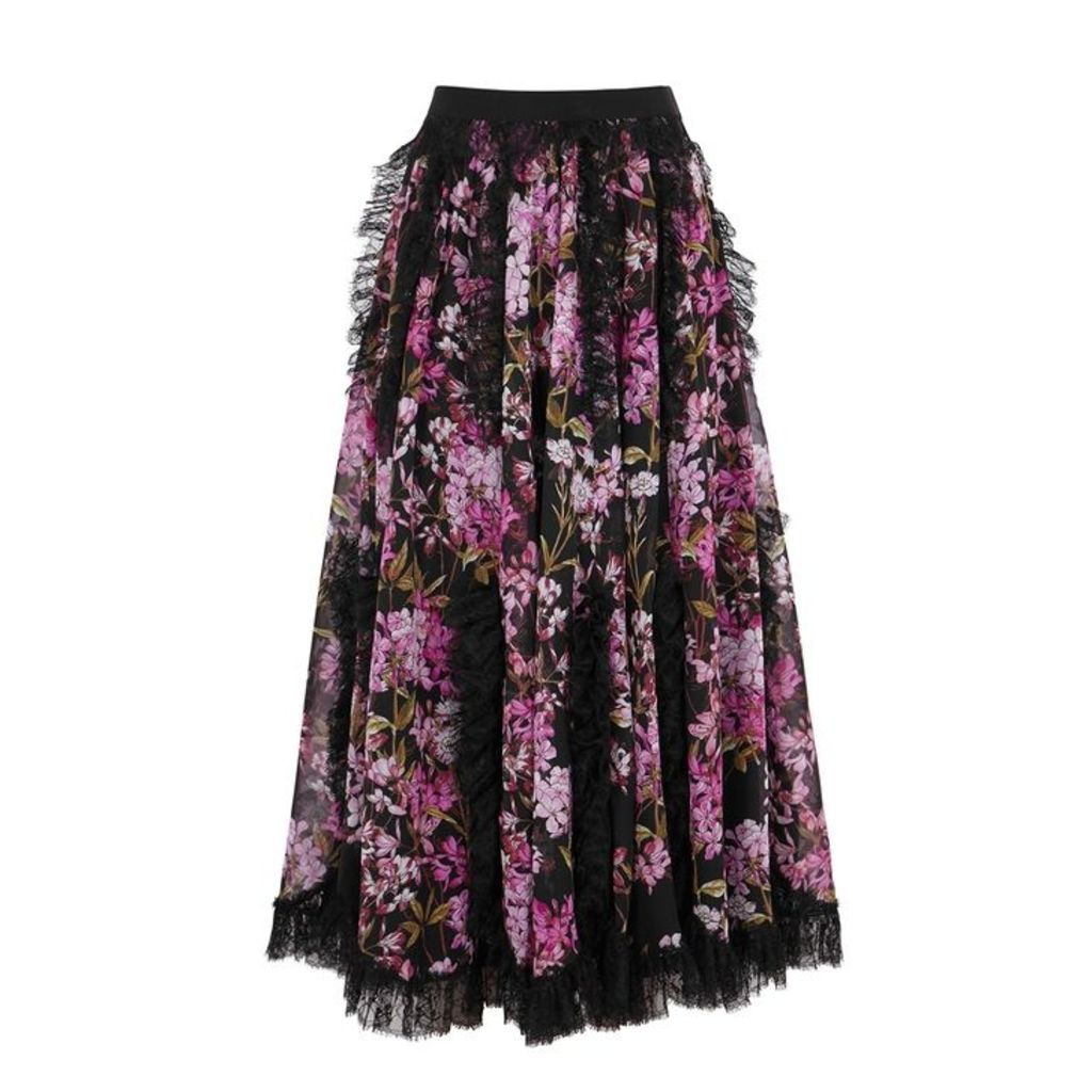 Giambattista Valli Floral-print Lace-trimmed Silk Skirt