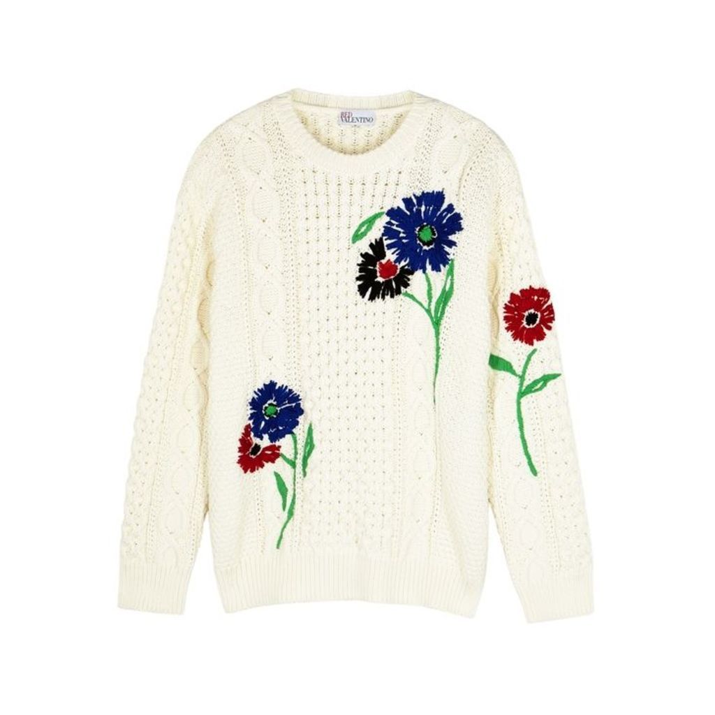 RED Valentino Cream Embroidered Cable-knit Jumper