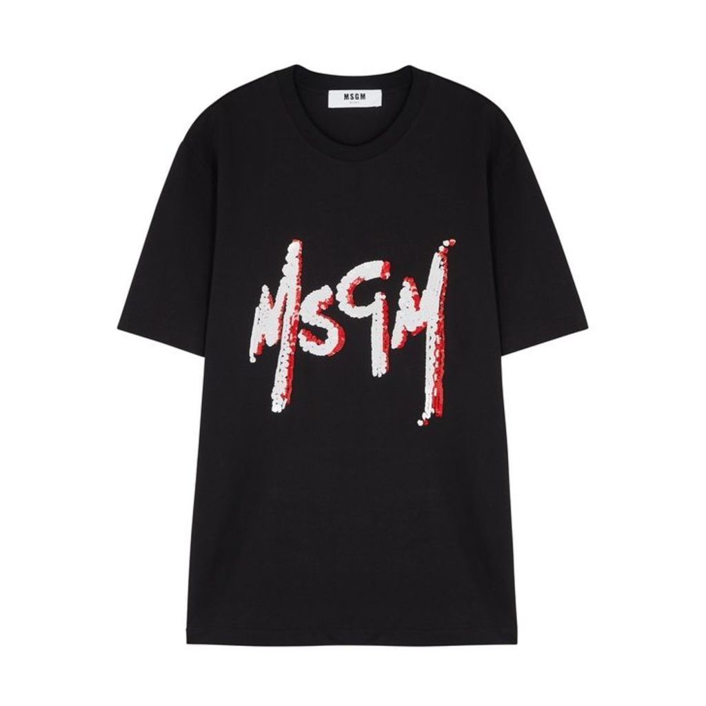 MSGM Black Sequin-embellished Cotton T-shirt
