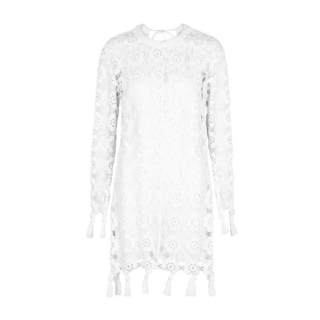 ChloÃ© White Tasseled Crochet Lace Mini Dress
