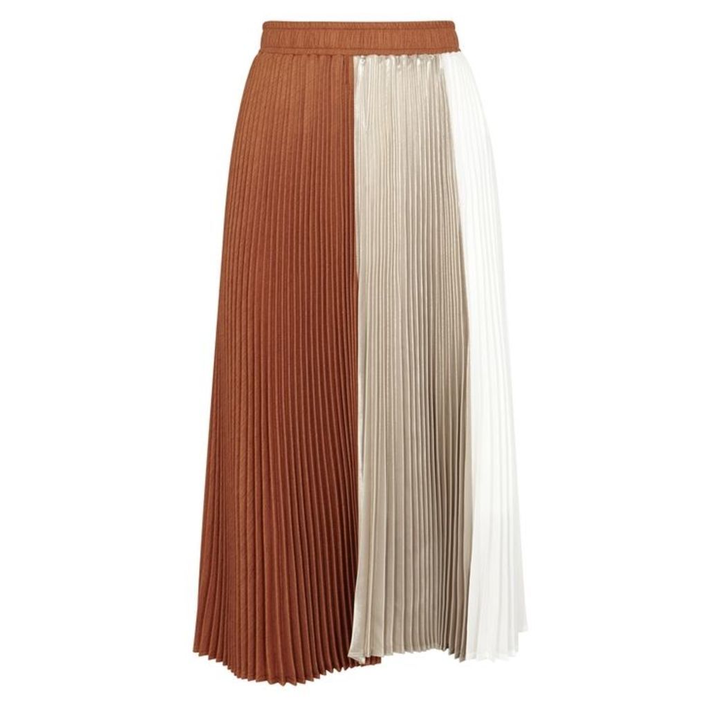 Clu Colour-block Pleated Satin Midi Skirt