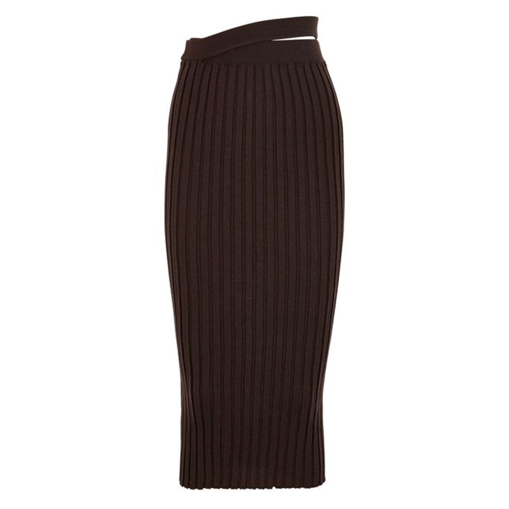 Helmut Lang Chocolate Ribbed Wool Midi Skirt
