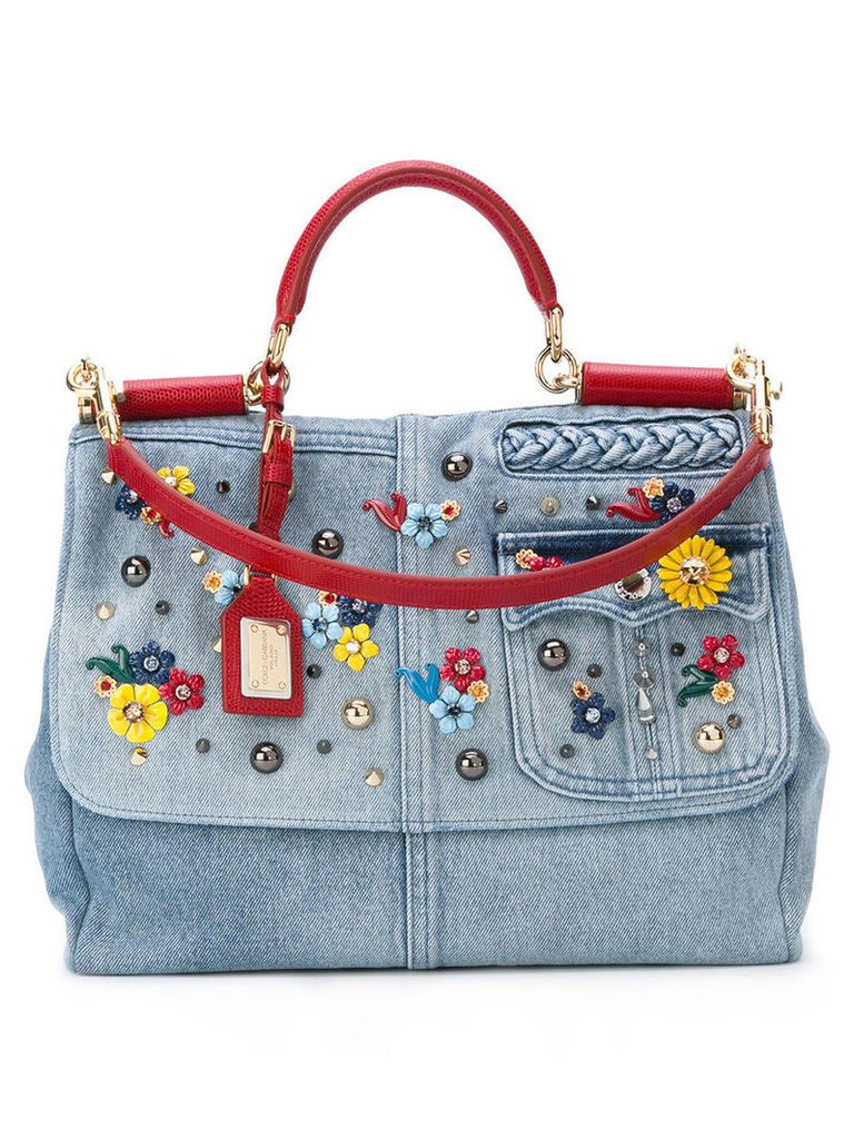 Dolce & Gabbana - foldover denim bag - women - Cotton/Calf Leather/Leather/glass - One Size, Blue