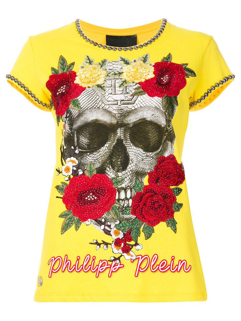 Philipp Plein embellished floral skull T-shirt - Yellow & Orange