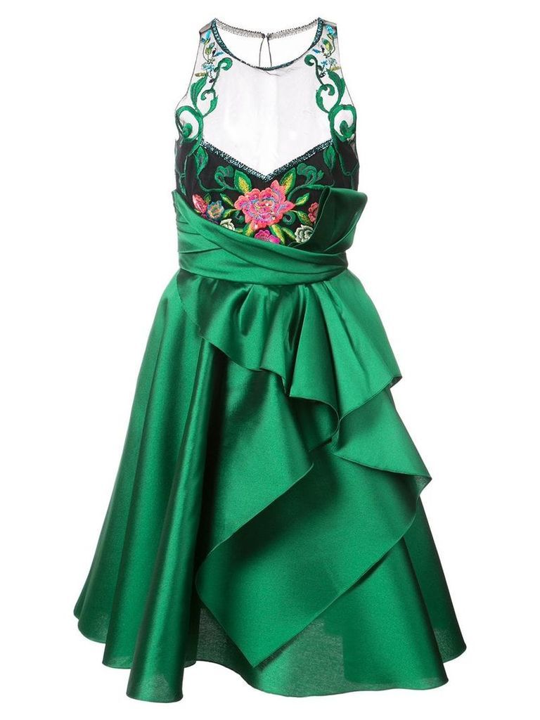 Marchesa Notte embroidered halterneck ruffled dress - Green