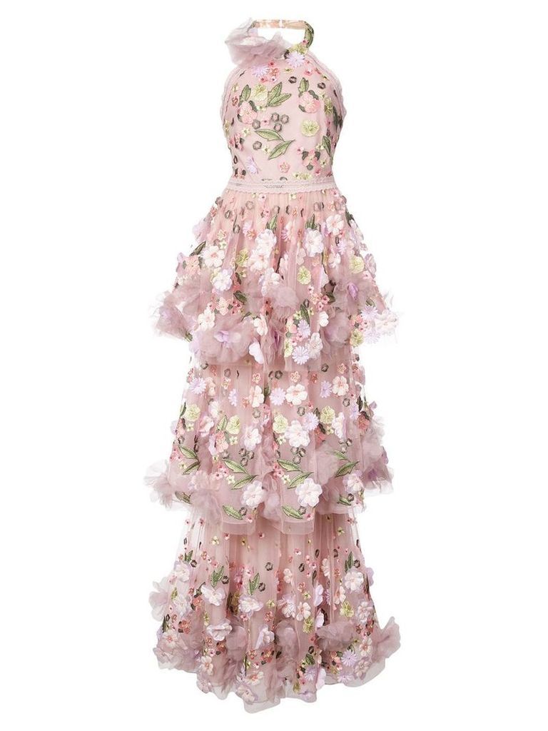 Marchesa Notte floral-appliquéd tiered ruffled gown - PINK