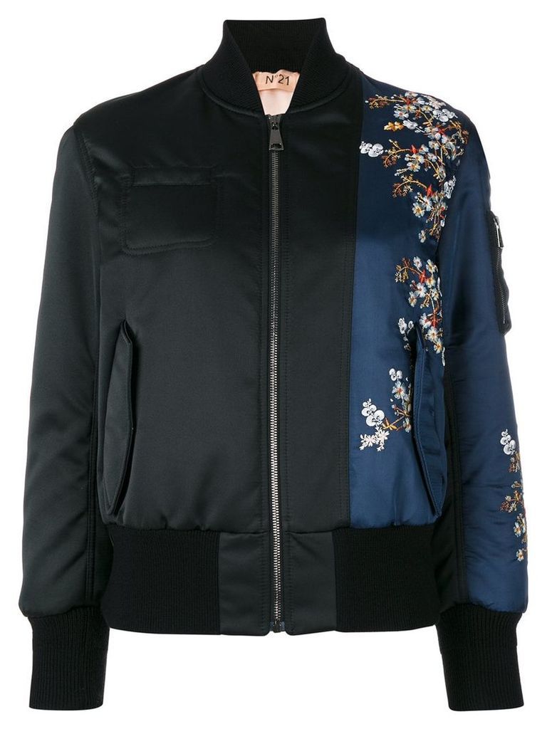 No21 flower embroidery bomber jacket - Black