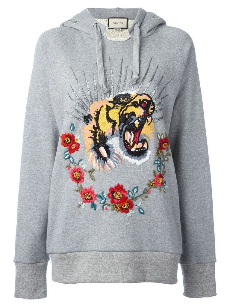 Gucci tiger embroidered hooded sweatshirt - Grey