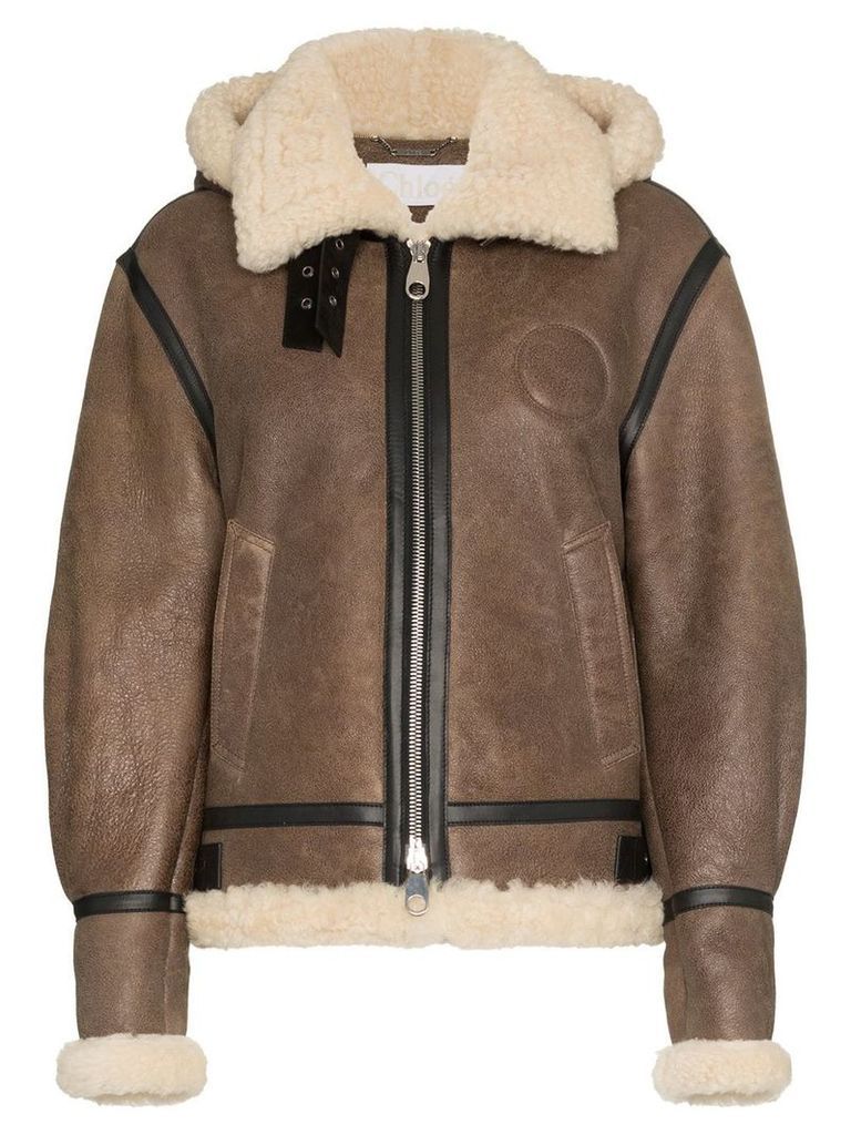 ChloÃ© hooded shearling and leather aviator jacket - Brown