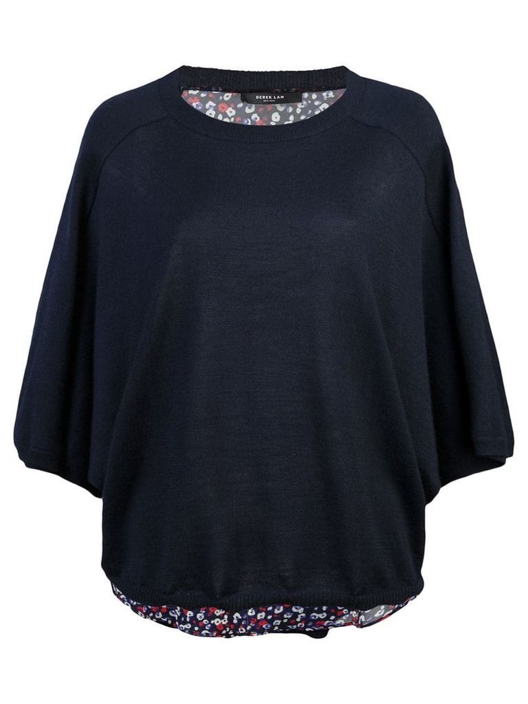Derek Lam Cropped Batwing Silk Cashmere and Poppy Print Sweater - Blue