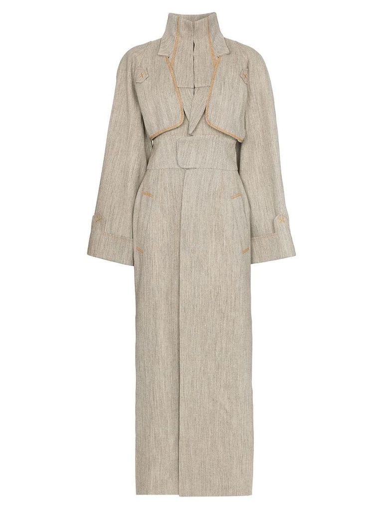Situationist High-neck contrast-stitch belted trench coat - Neutrals
