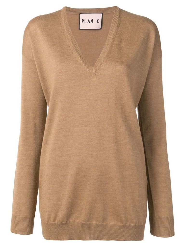 Plan C V-neck longline sweater - Brown