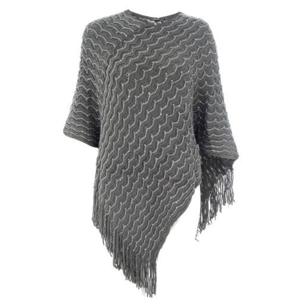 Grey Sequin Ribbed Poncho