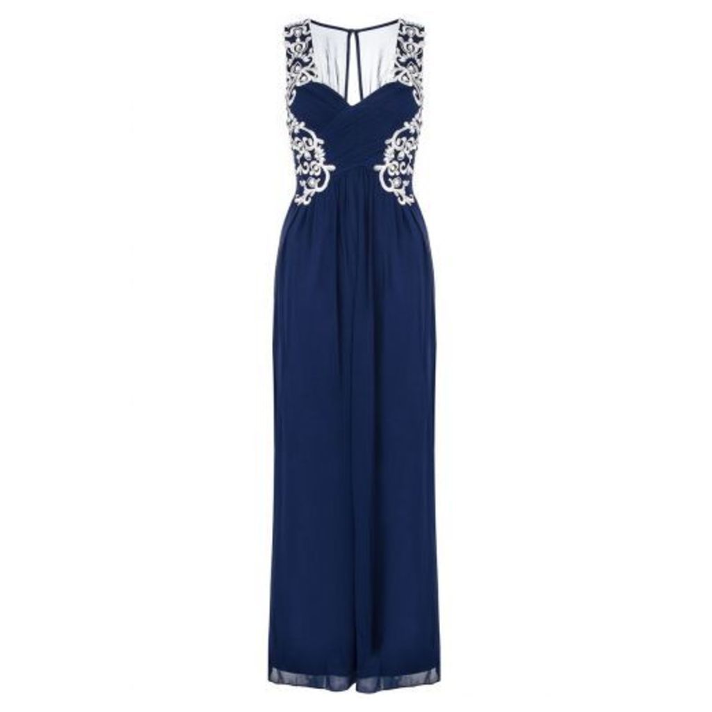 Navy Embroidered Crossover Maxi Dress