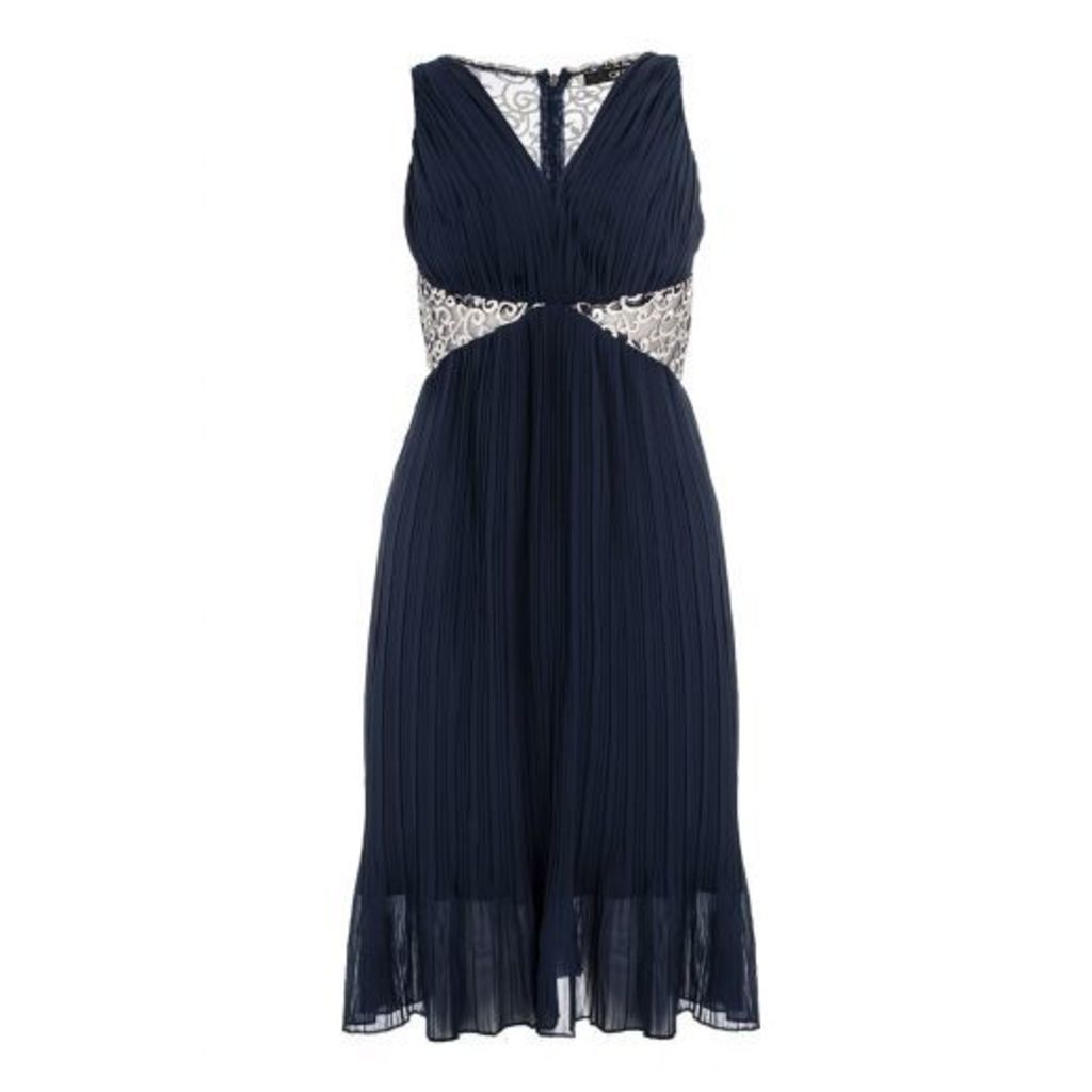 Navy Chiffon Embroidered Pleated Dress