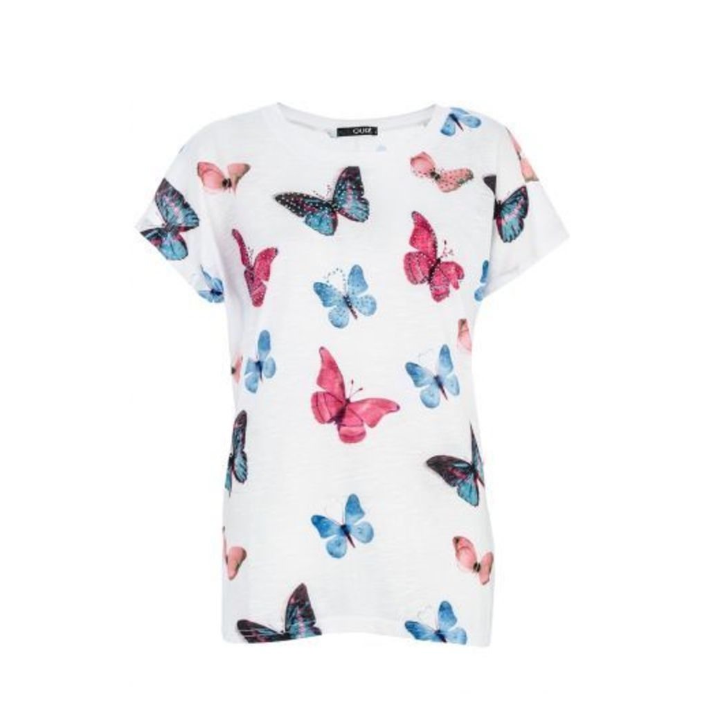 White Embellished Butterfly Print Top