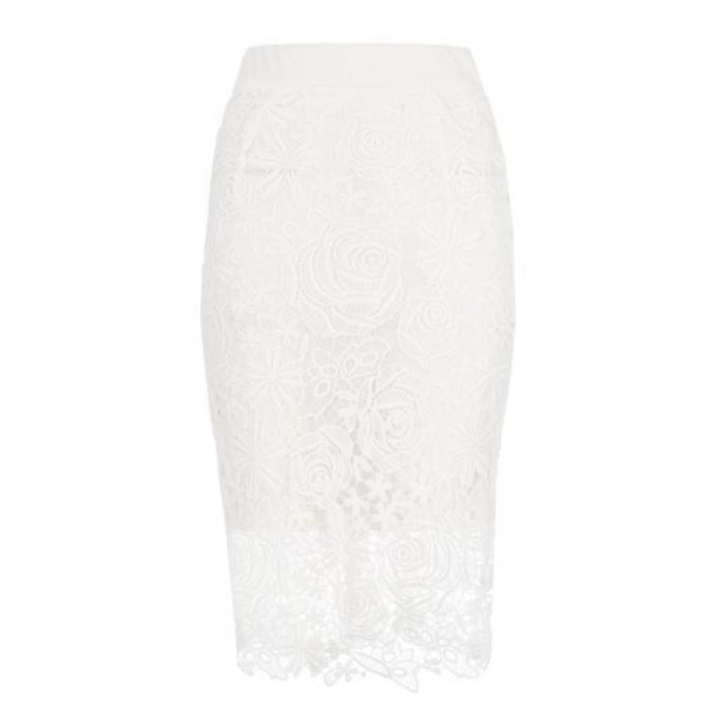 White Lace Zip Back Midi Skirt