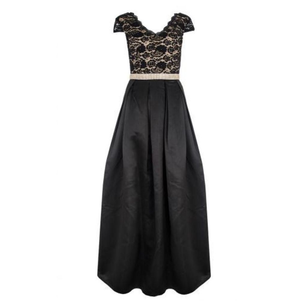 Black Lace Cap Sleeve Full Maxi Dress