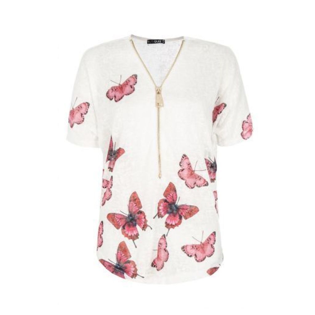White Butterfly Print Zip Front Top