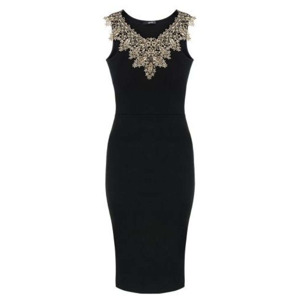 Black And Gold Lace Neck Bodycon Dress