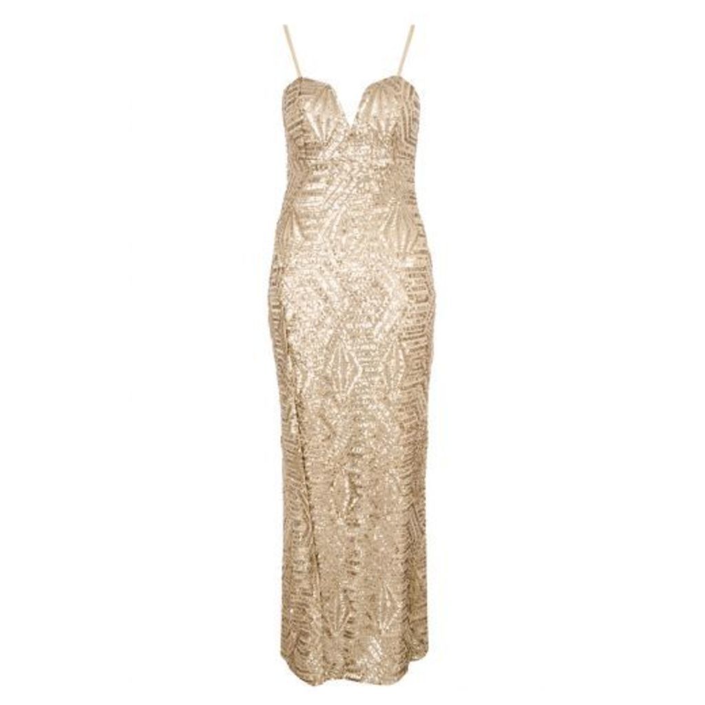Gold Sequin Split Front Maxi Dress