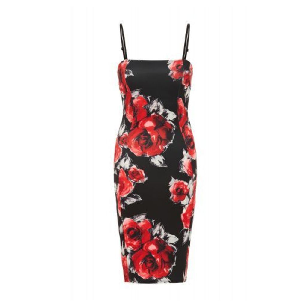 Black And Red Floral Print Bodycon Dress