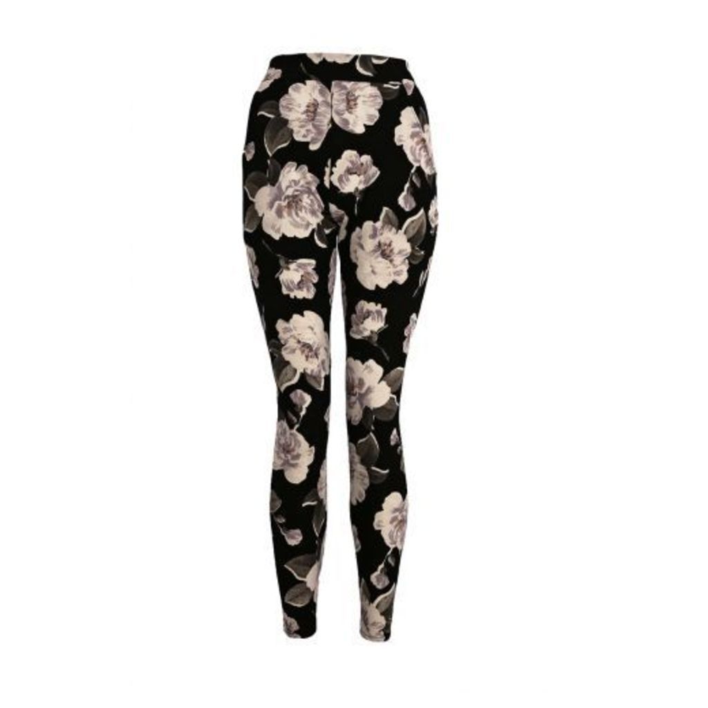 Black And Khaki Crepe Flower Print Trousers