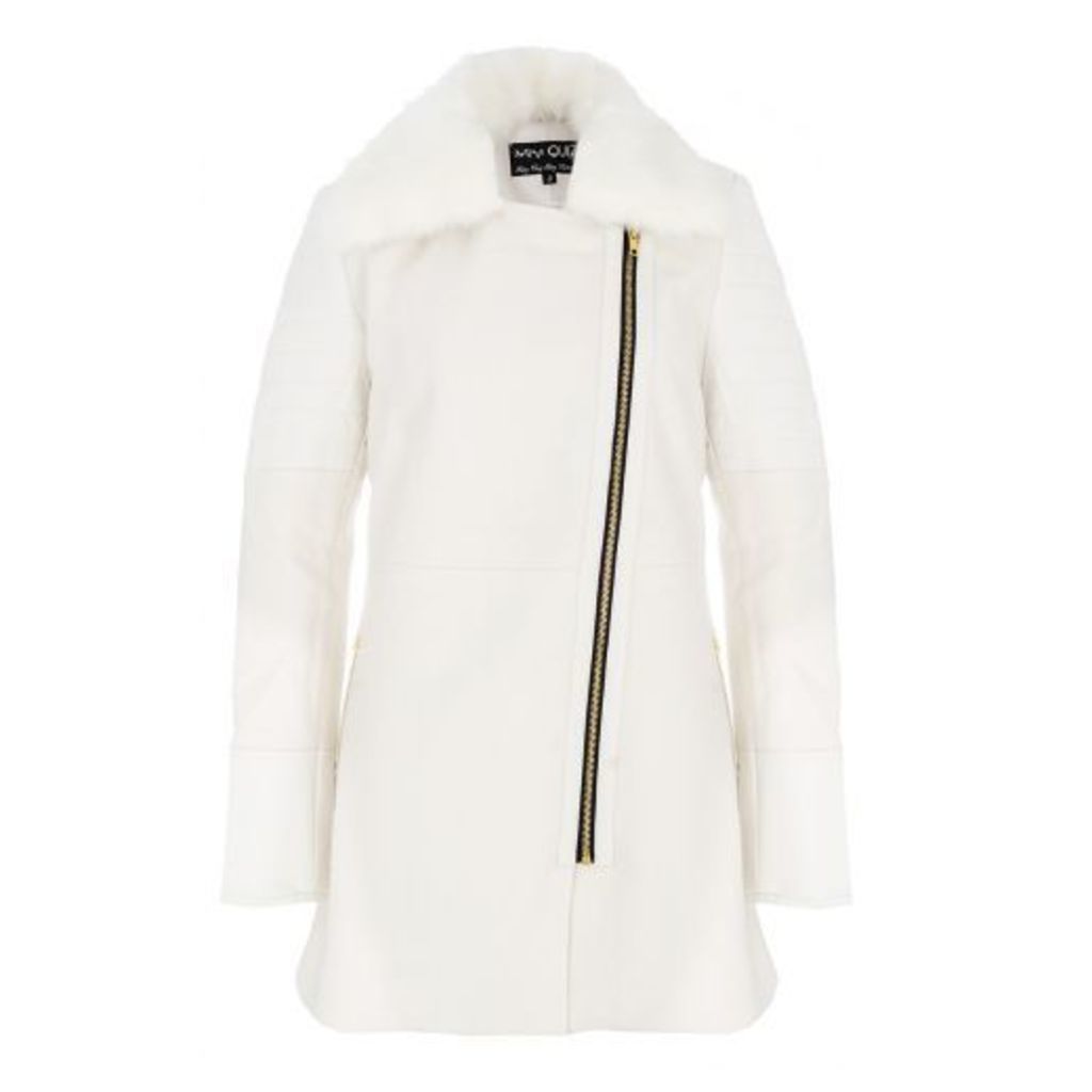 White PU Wool Faux Fur Collar Jacket