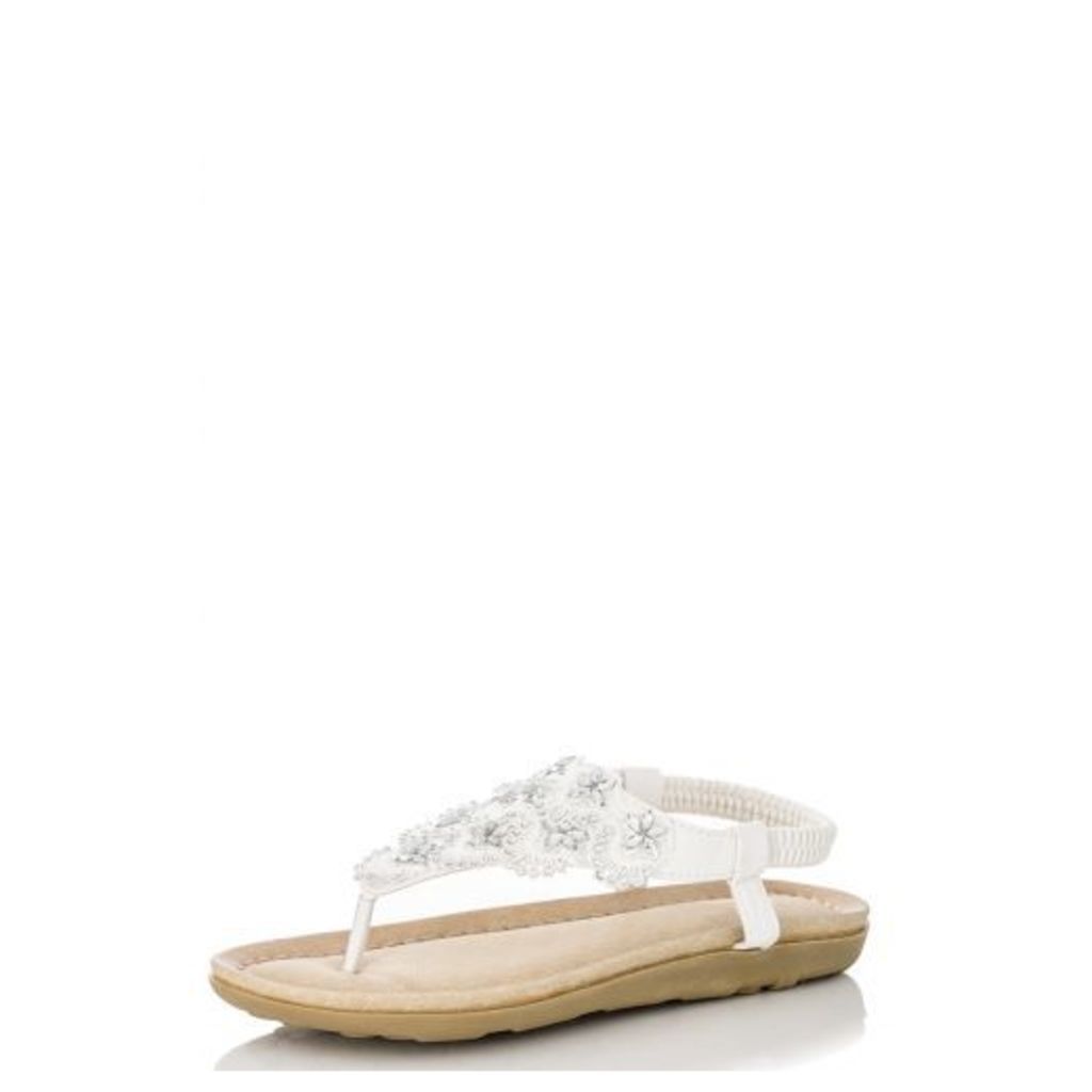 White Diamante Flower Flat Sandals