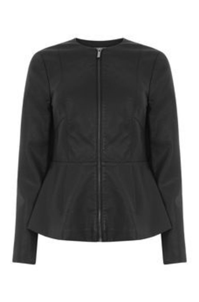 FAUX LEATHER COLLARLESS JACKET
