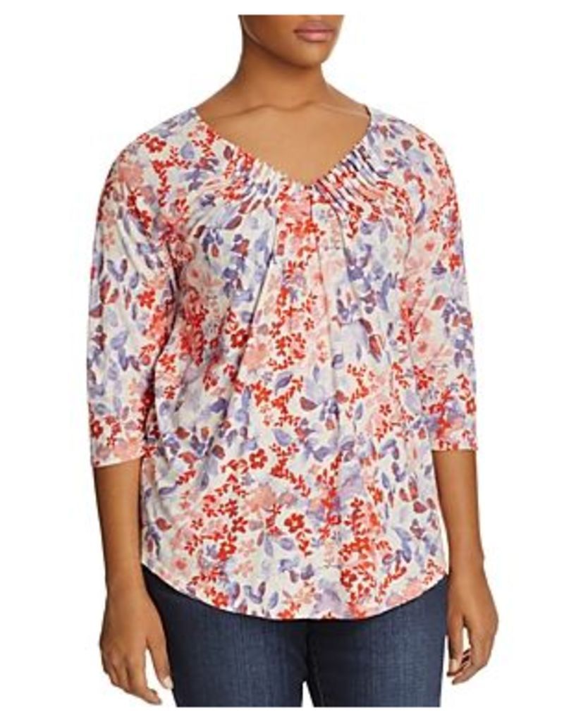 Lucky Brand Plus Pintucked V-Neck Floral Print Top